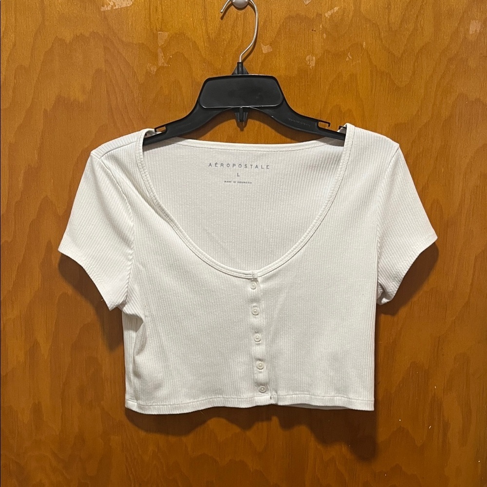 Aeropostale White Ribbed Button-Front Crop Tee